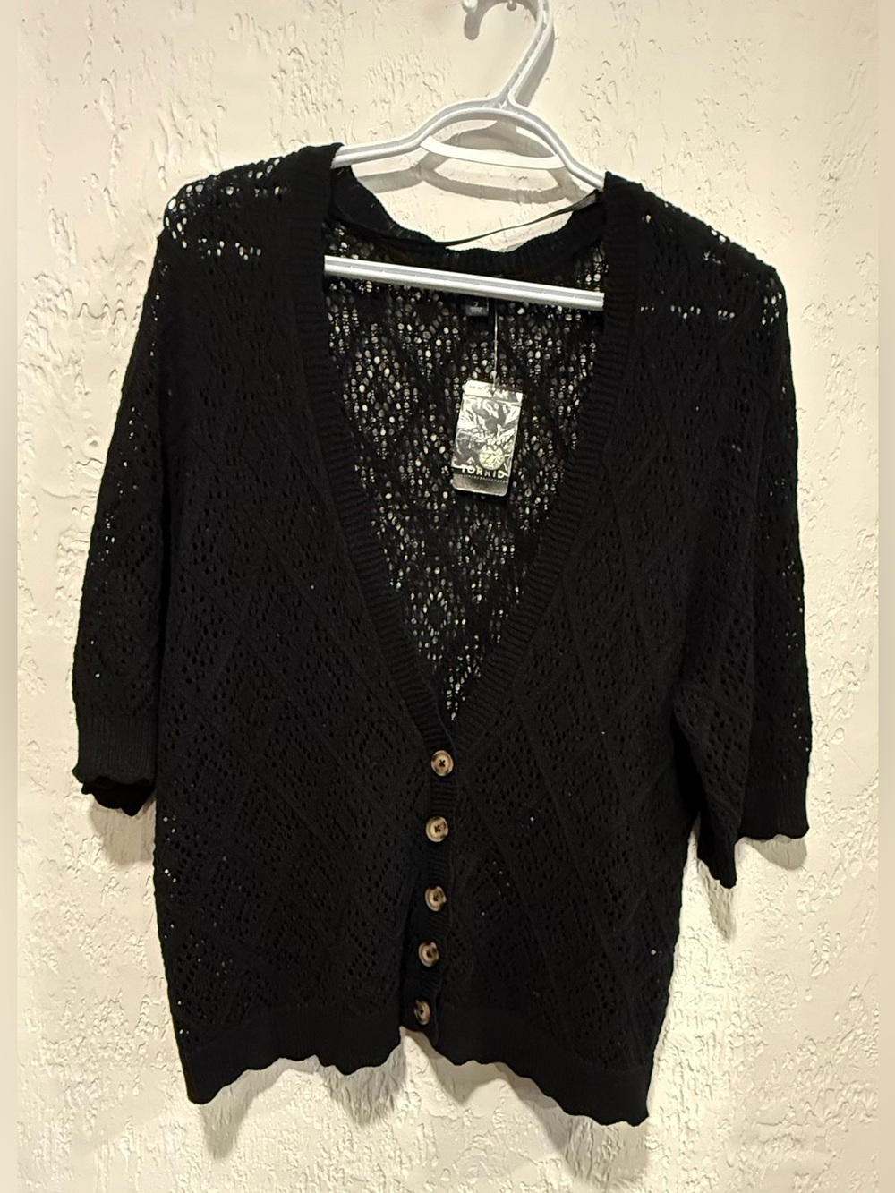 Torrid Pointelle Cardigan Button Front Cropped Sweater Black Sz 2 3/4 sleeves